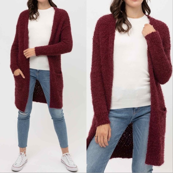 COZY POPCORN KNIT LONG CARDIGAN SWEATER  - WINE - Picture 8 of 8